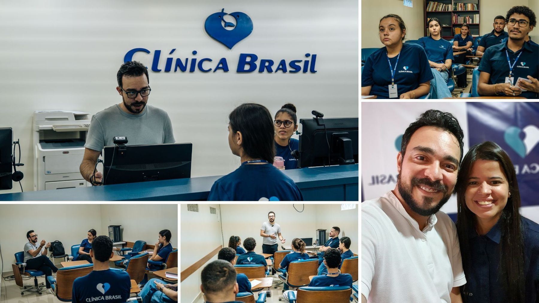 Treinamento com a equipe de uniforme da Clínica Brasil